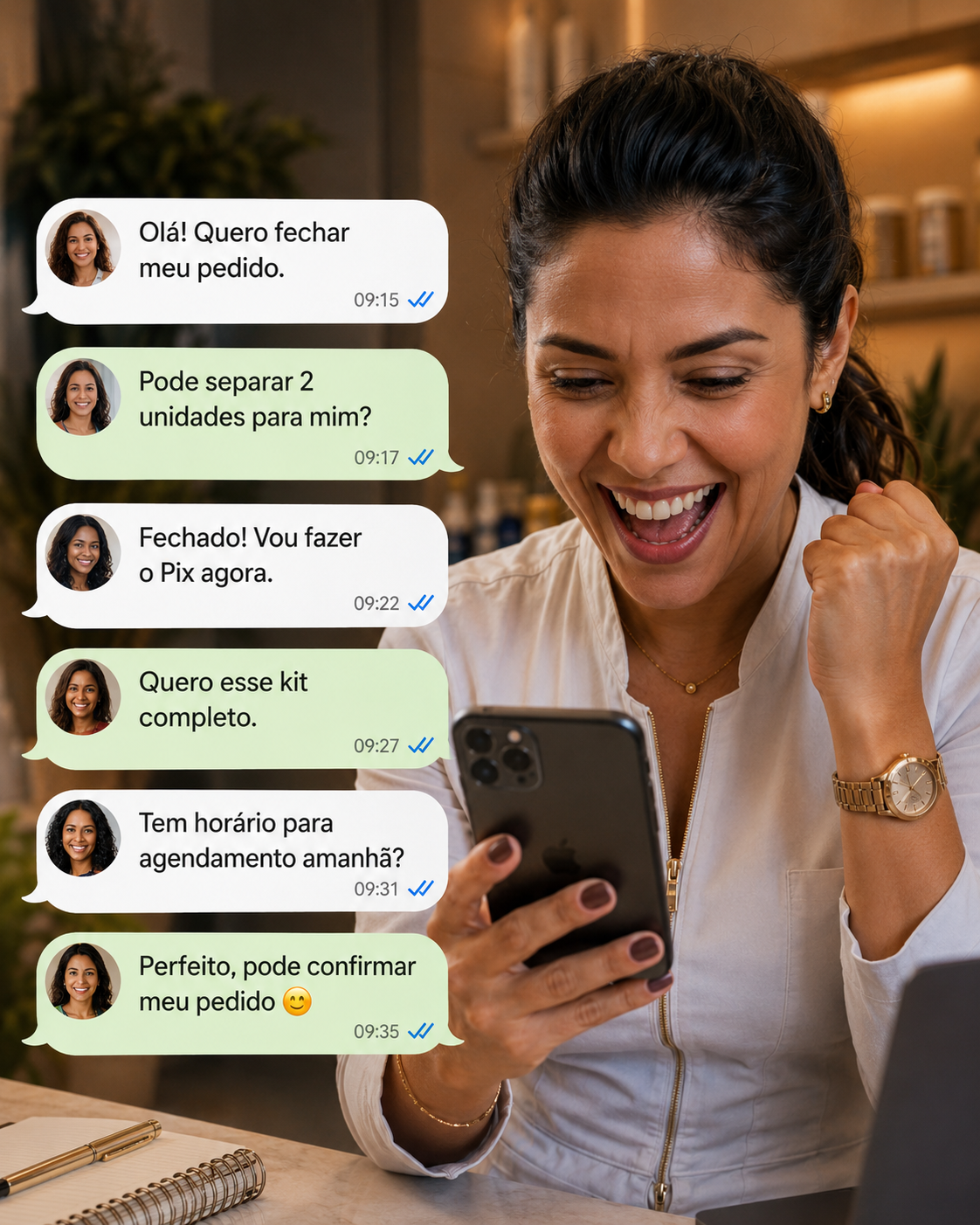 Mulher comemorando vendas recebidas pelo WhatsApp