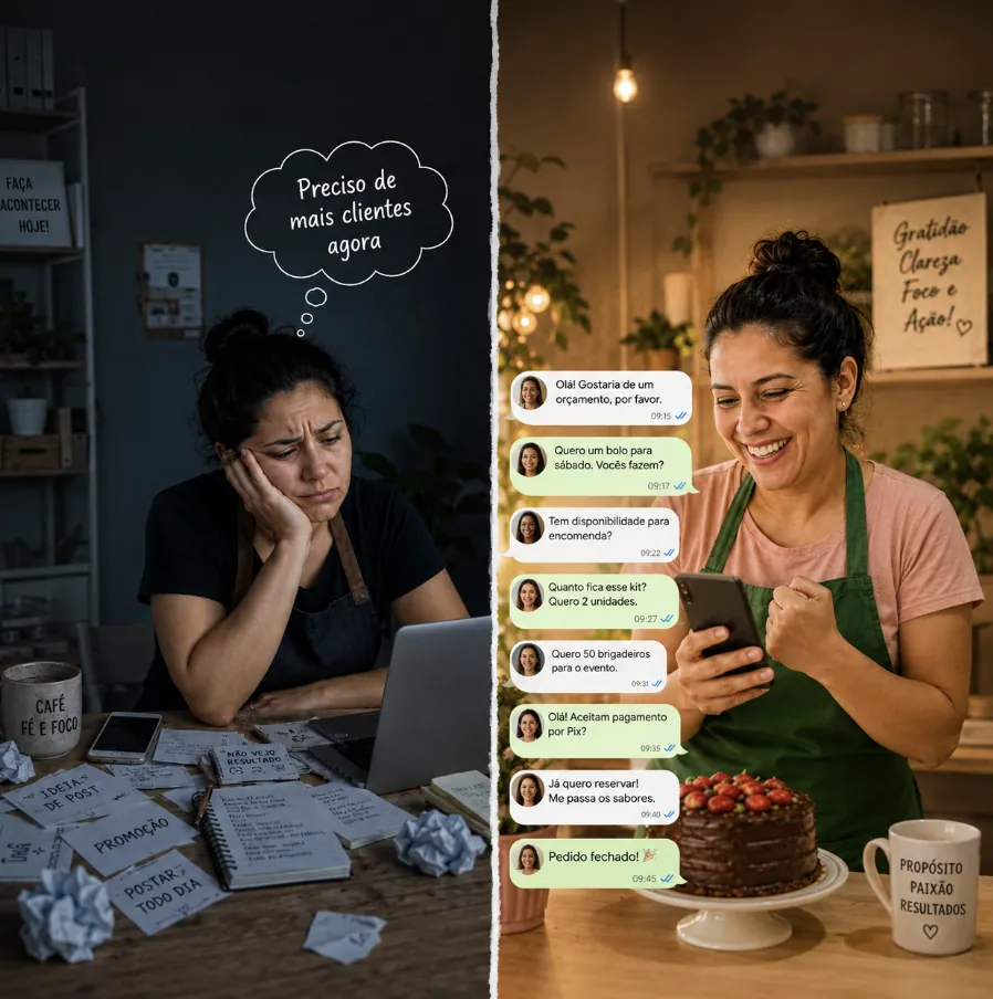 Antes: dona de negócio frustrada sem clientes. Depois: mesma dona feliz recebendo vários pedidos no WhatsApp